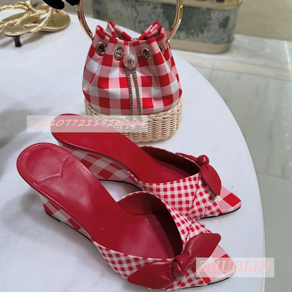 Gingham Check Leather Bow Open Toe Wedge Mules for Women