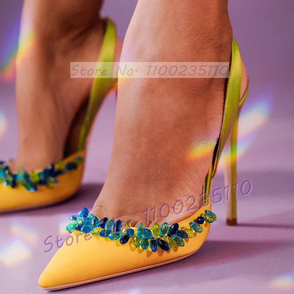 Elegant Blue Crystal Trim Satin Pointy Toe Heels For Women