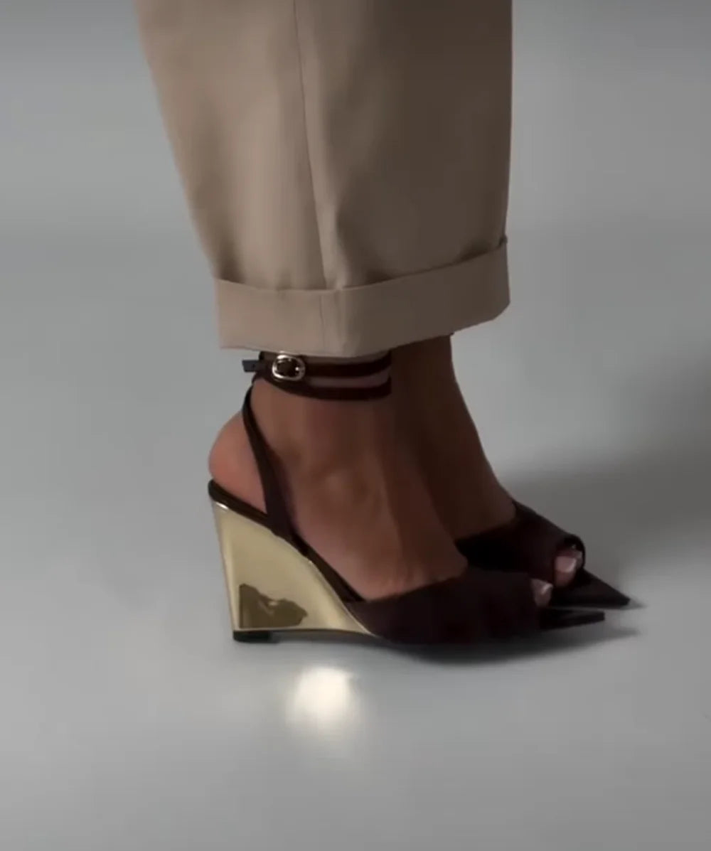 Chocolate Satin Peep Toe Wedge Sandals
