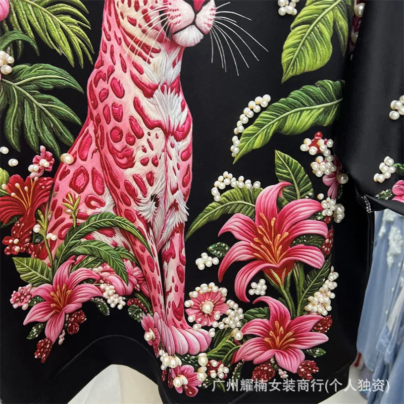 Relaxed Fit Beaded Animal Print Crew Neck Tee For Women