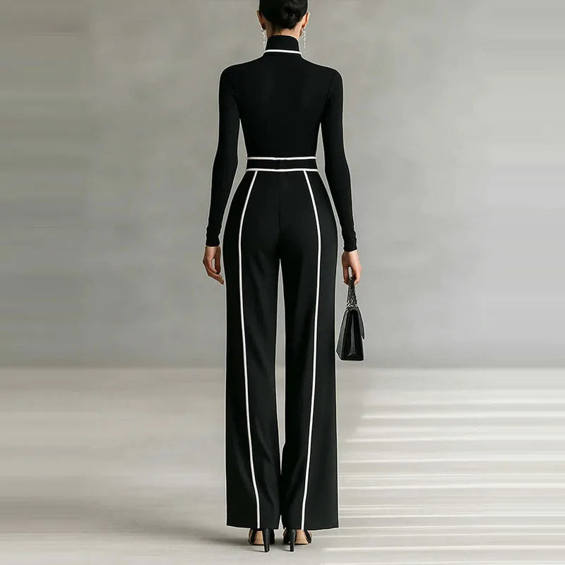 Vinage Contrast Color Slim Straight Outfit Women Casual Turtleneck Bottoming Top & High Waist Pants Set Autumn Long Sleeve Suits