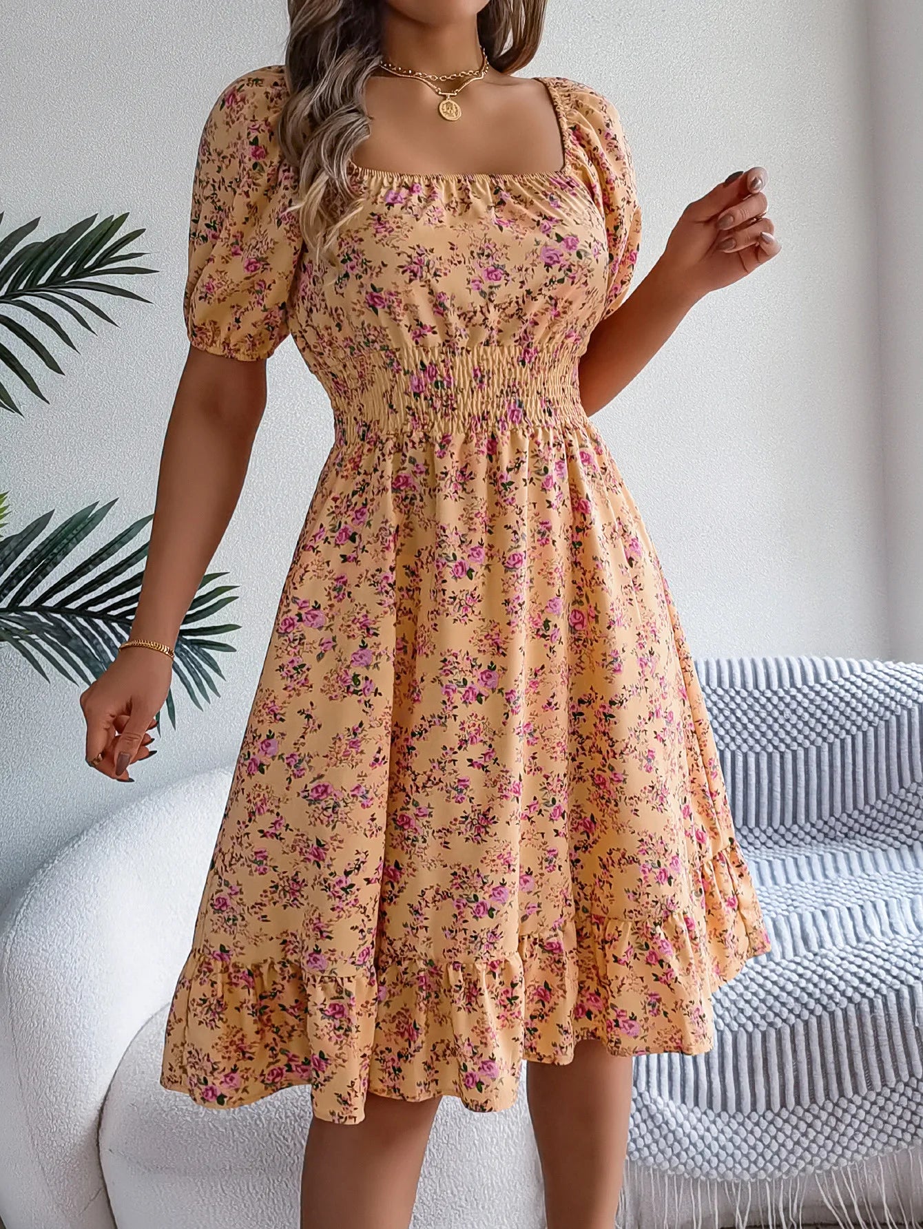 Floral Square Neck Short Sleeve High Waist Swing Dress for Women