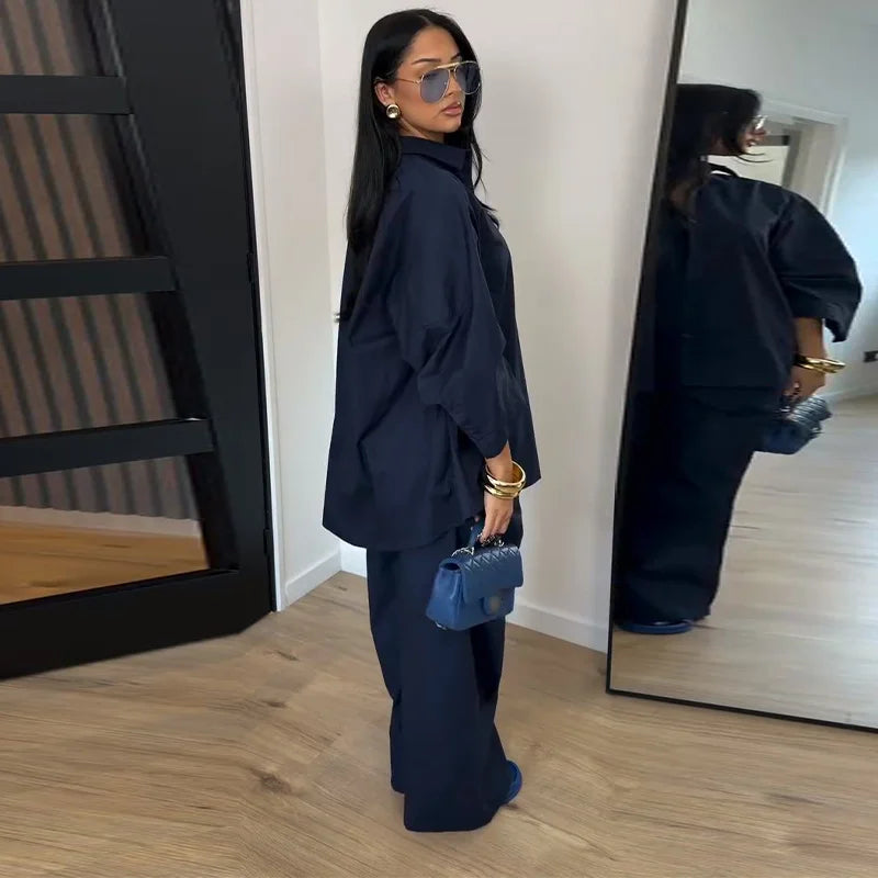 Casual Solid Shirt and Wide Leg Pants Set for Women
