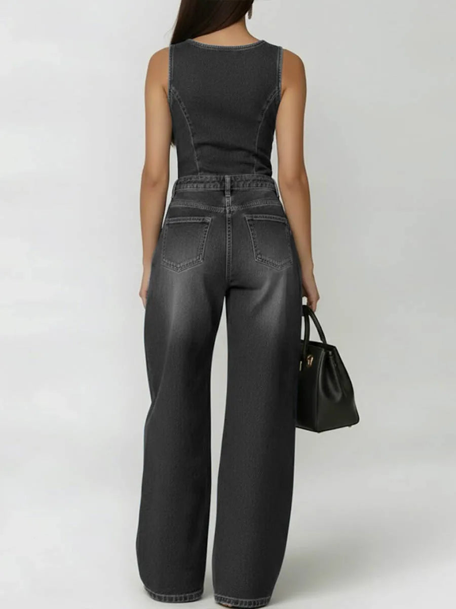 Bonboho Women's Sleeveless Round Neck Eyelet Wide Leg Denim Jumpsuit Casual Streetwear Jumpsuit for Festival & Party Outfits