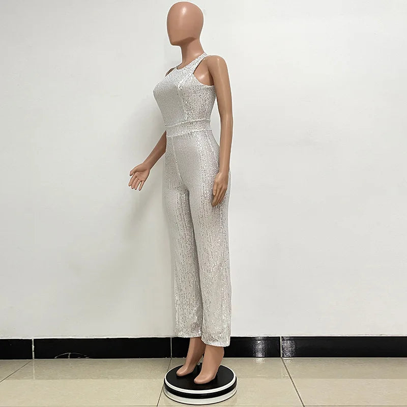 Elegant Silver Sequined Straight Cut Jumpsuit for Women