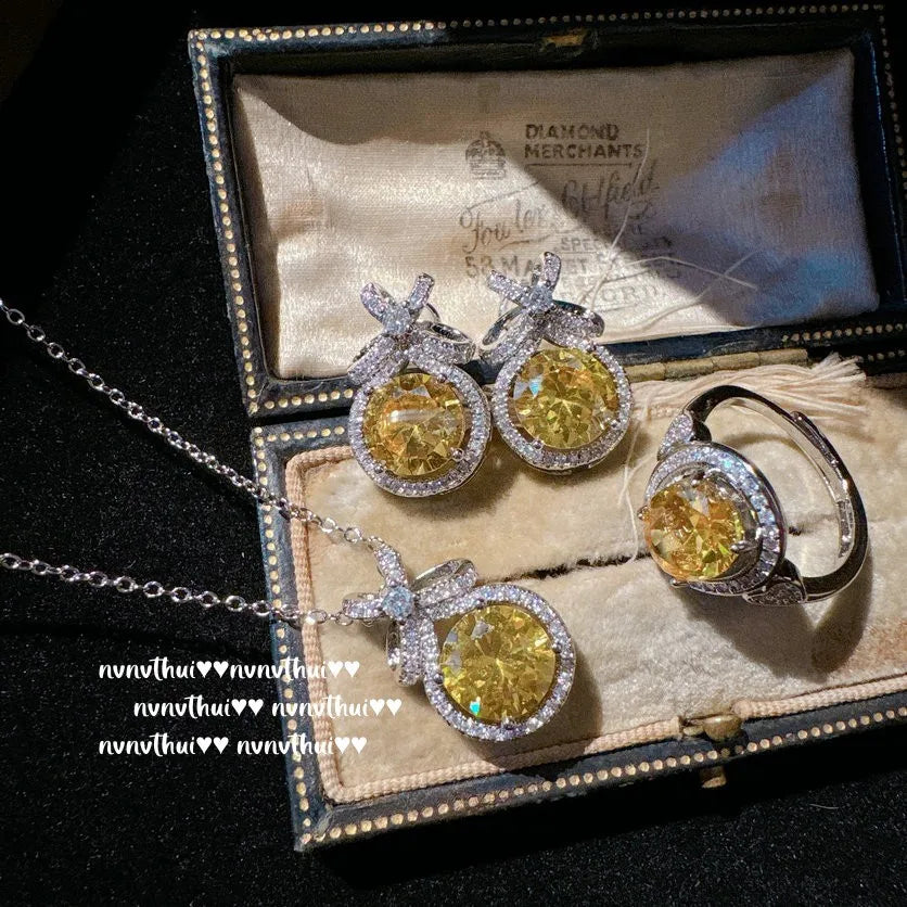 Round Cut Yellow Cubic Zirconia Bridal Jewelry Set for Women