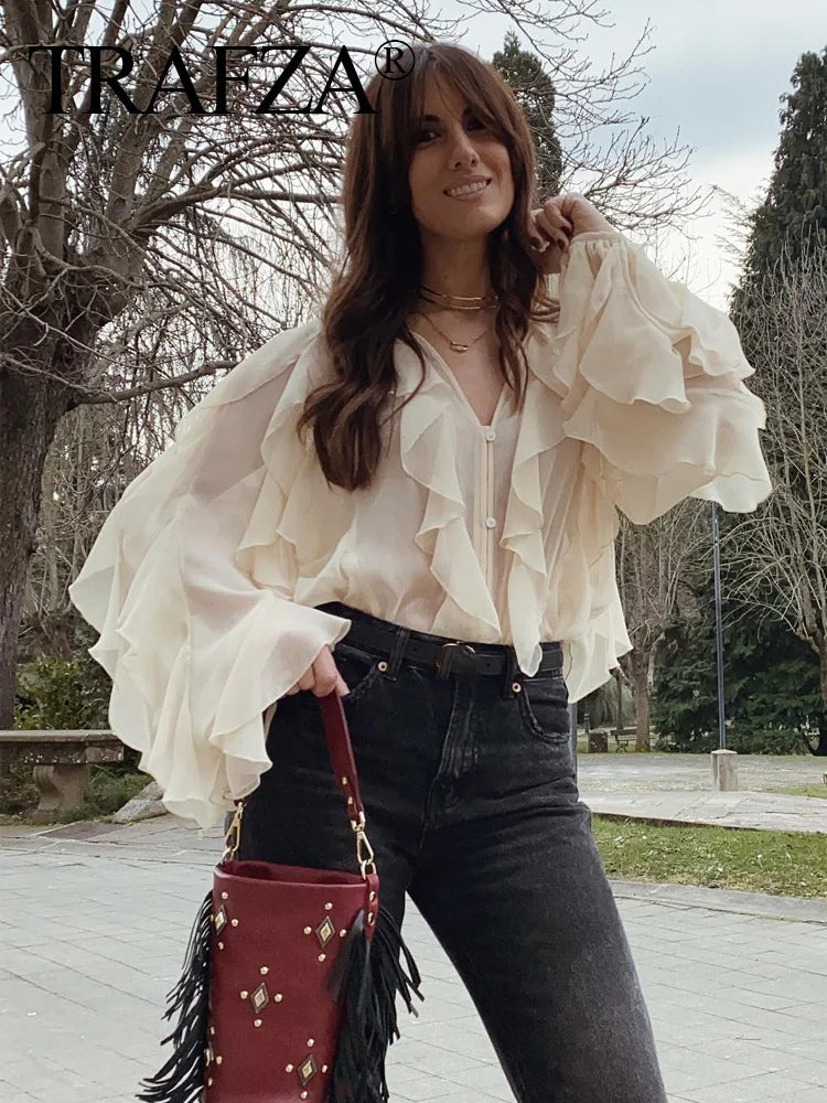 TRAFZA 2025 Women Elegant Solid Ruffles Blouse Spring Female V-Neck Long Sleeved Gauze Shirt Casual Hollow Out Lady Clothes