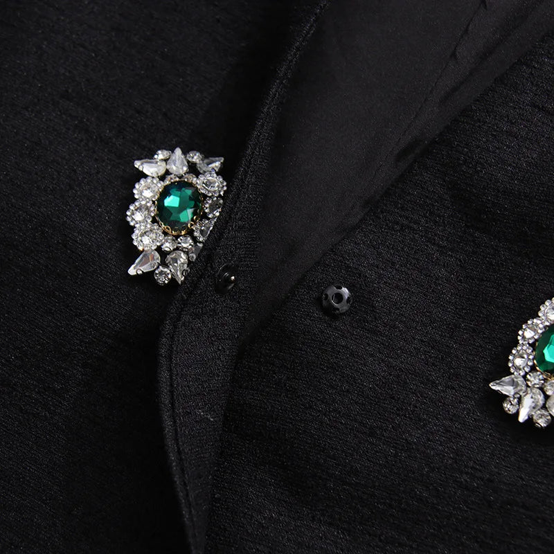 Black Diamond Encrusted Single Breasted Cropped Jacket For Women