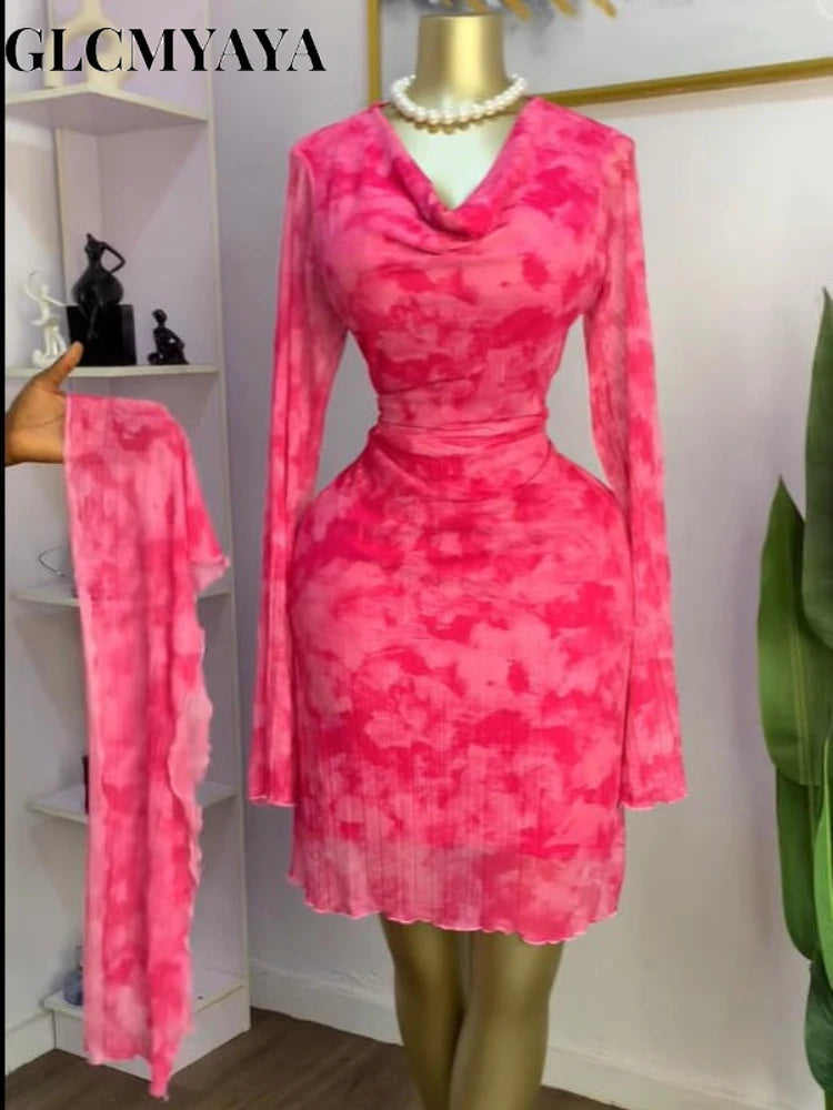 CM.YAYA Women Tie Dye Lace Up Back with Scarf Bodycon Midi Long Sleeve Pleated Maxi Dress Party Education Vacation Long Dresses