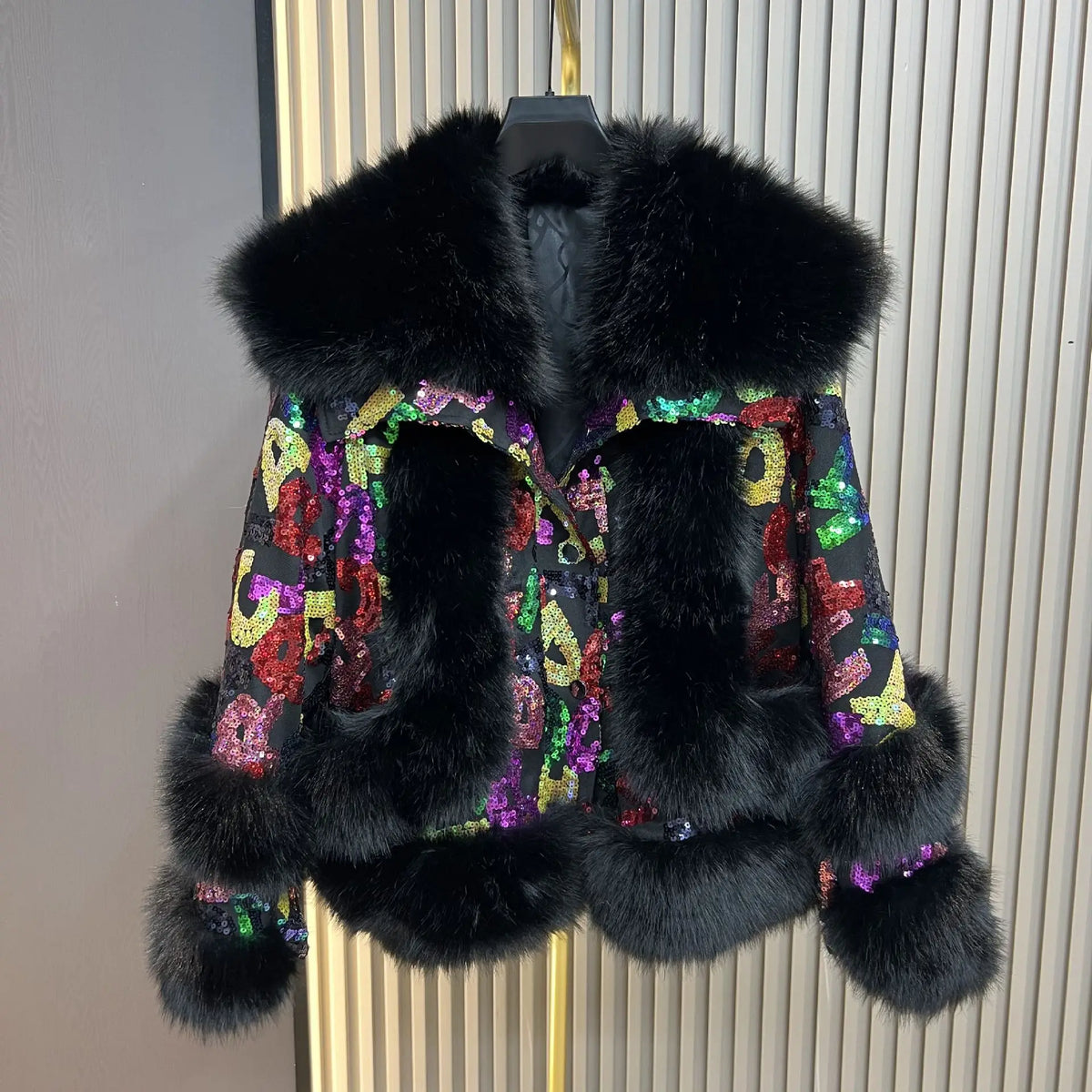Purple Sequined Faux Fur Coat