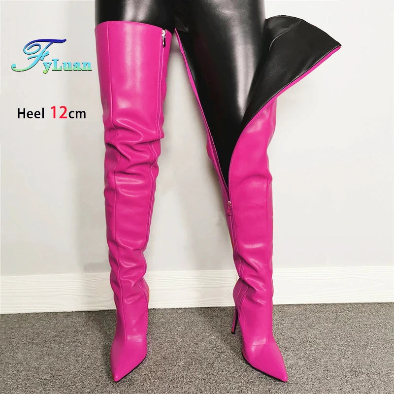 Fashion Leather Side Zipper Pointed Toe Stiletto Over The Knee Boots for Women