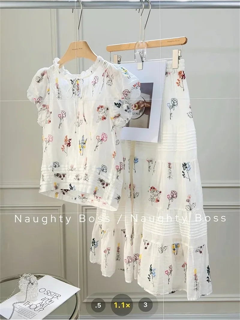 Floral Print Puff Sleeve Blouse and Patchwork Midi Skirt Two Piece Set for Women
