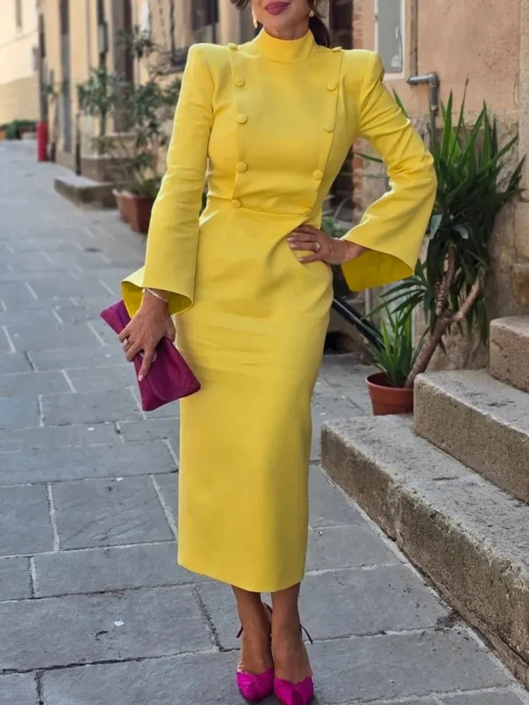 Yeezzi Urban Female Stand Collar Formal Office Dress 2025 New Spring Flared Sleeves Fashion Buttoned High Waisted Midi Dresses