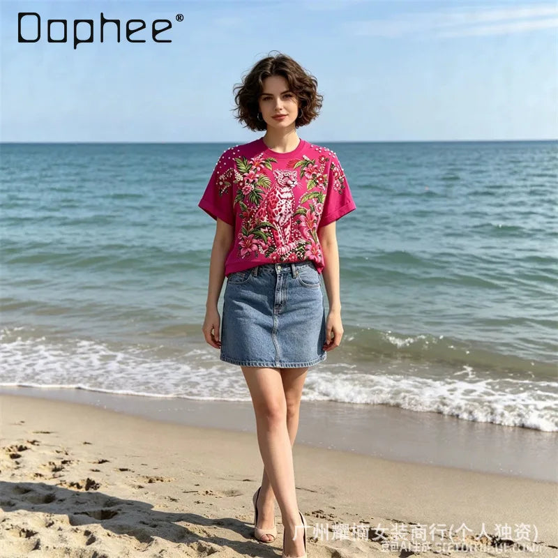 Relaxed Fit Beaded Animal Print Crew Neck Tee For Women