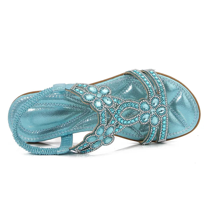 Bohemian Rhinestone Openwork Flat Sandals For Women