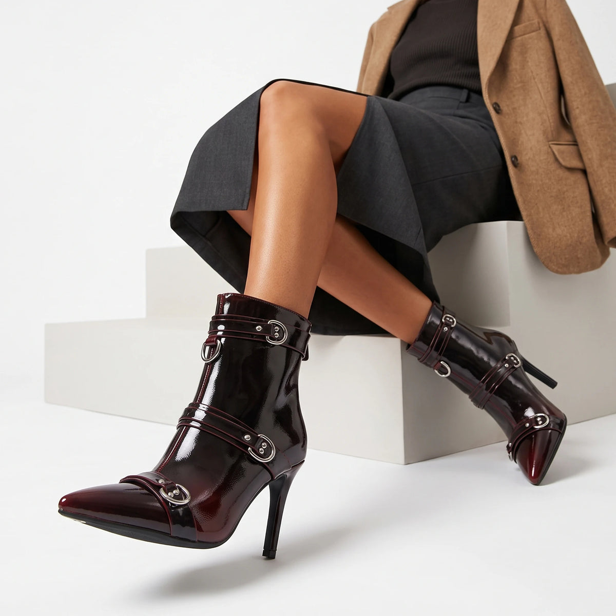 Burgundy Patent Leather Buckle Ankle Boots for Women