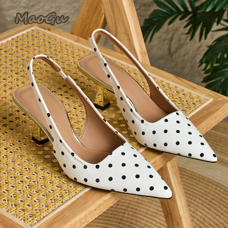 White Polka Dot Slingback Kitten Heel Pumps for Women