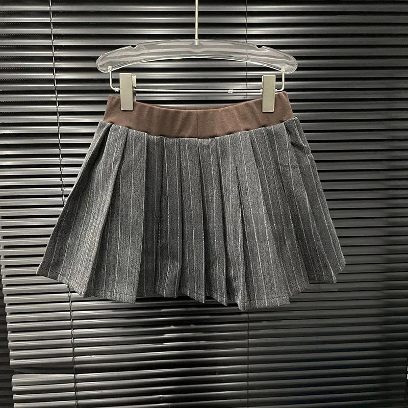 KUCLUT 2025 Autumn New Fashion Striped Contrast Color Zipper Jacket Elastic Waist Pleated Skirt Two-pieces Set For Women 1A1217