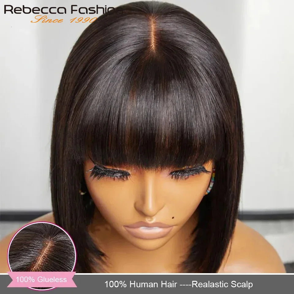 Straight Brazilian Human Hair Bob Wig With Bangs for Women