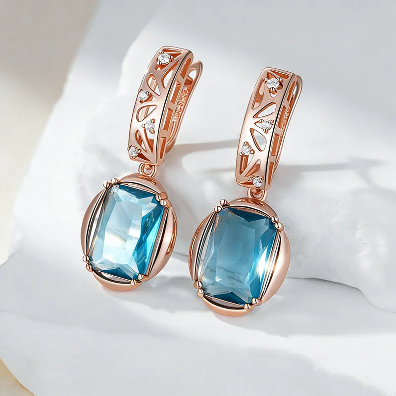 Rose Gold Blue Zircon Drop Earrings