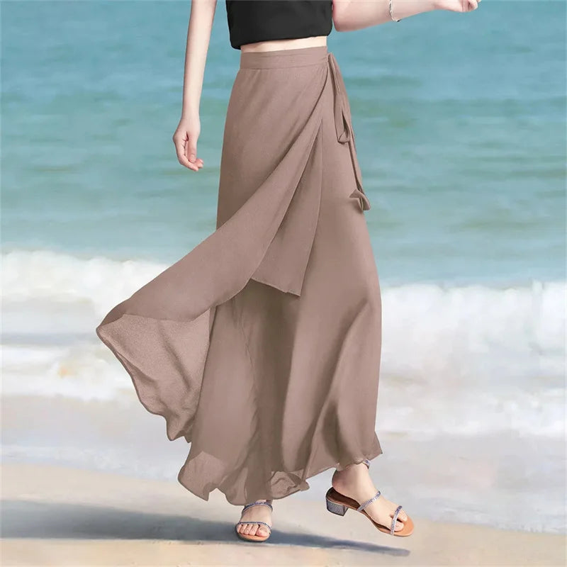 Lace-Up Summer Skirt Holiday style Chiffon Halfskin Skirt Women's 2023 Summer New Thin Dropping Long Wrapped Hip Skirt Khaki Bla