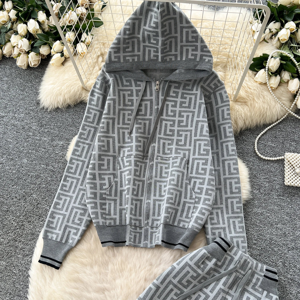 Geometric Print Hooded Knit Two Piece Set for Women