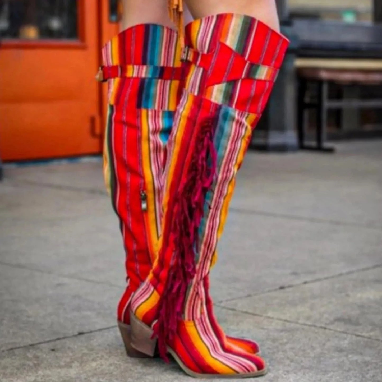 Vintage Rainbow Tassel Lace Up Over The Knee Boots for Women