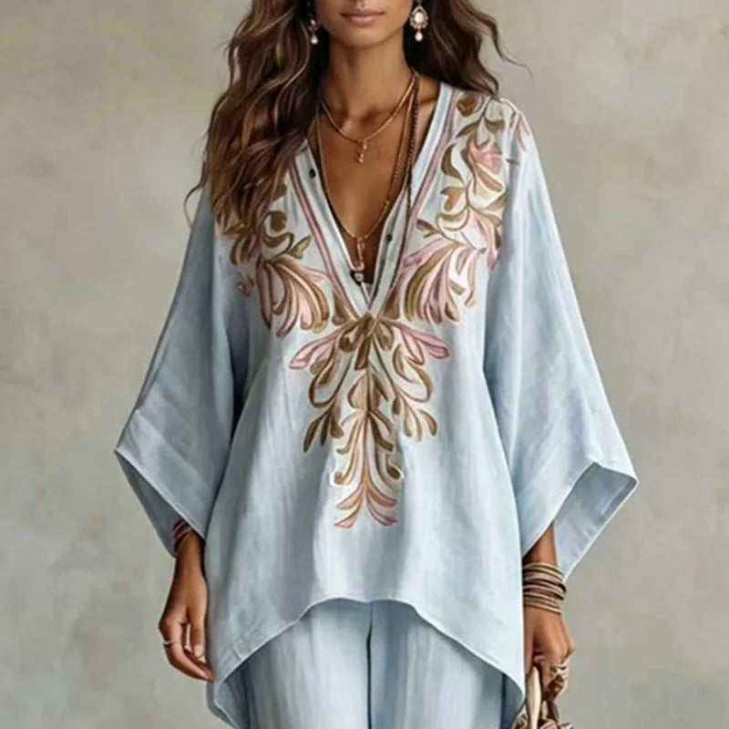 Boho Embroidered Blouse and Wide Leg Pants Set for Women