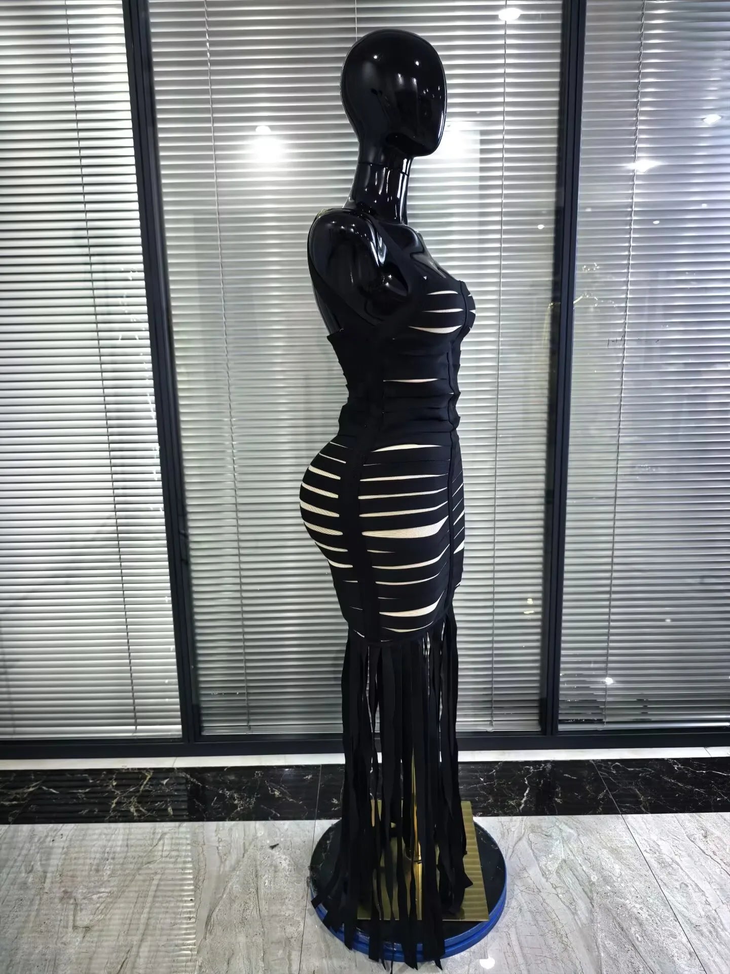 Black Color Women Sleeveless Sexy Square Collar Bodycon Fringes Bandage Long Dress Elegant Evening Party Celebrate Outfit