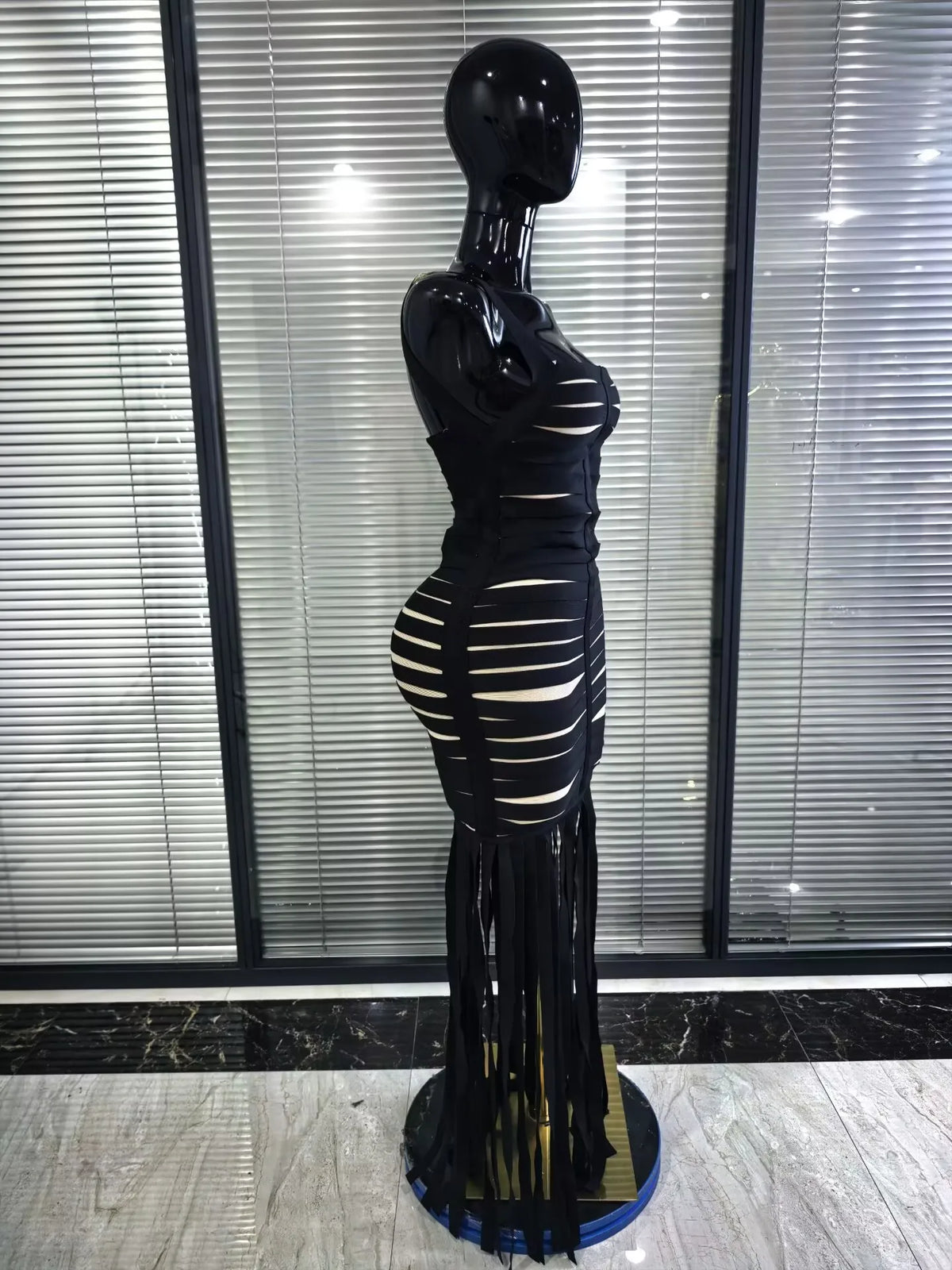 Black Color Women Sleeveless Sexy Square Collar Bodycon Fringes Bandage Long Dress Elegant Evening Party Celebrate Outfit