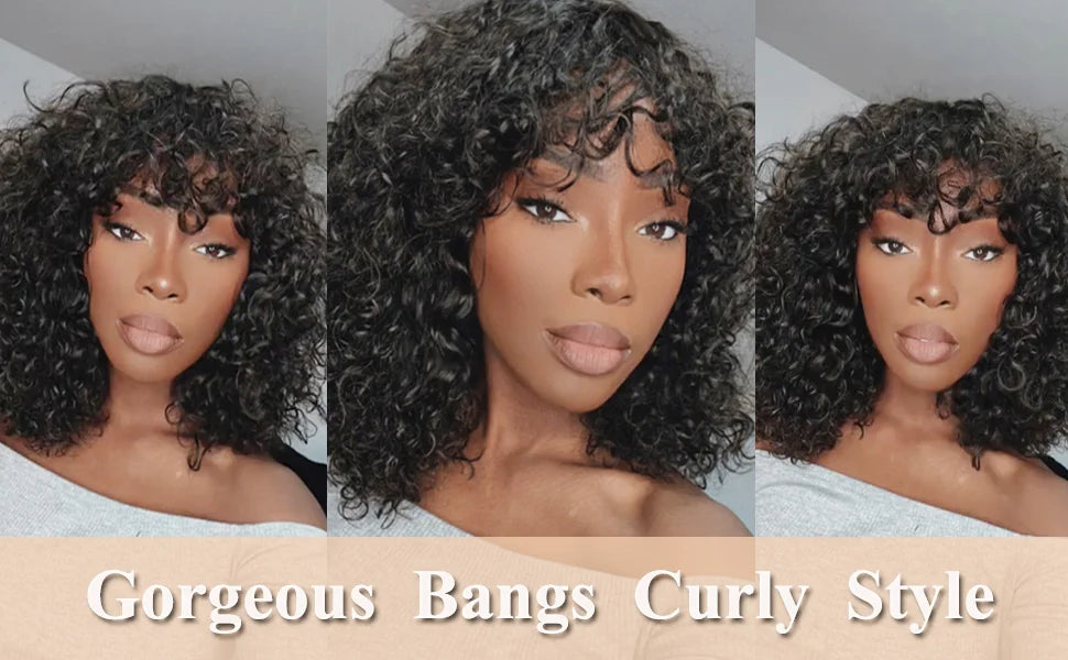 Glueless Water Wave Human Hair Wig With Bangs for Women