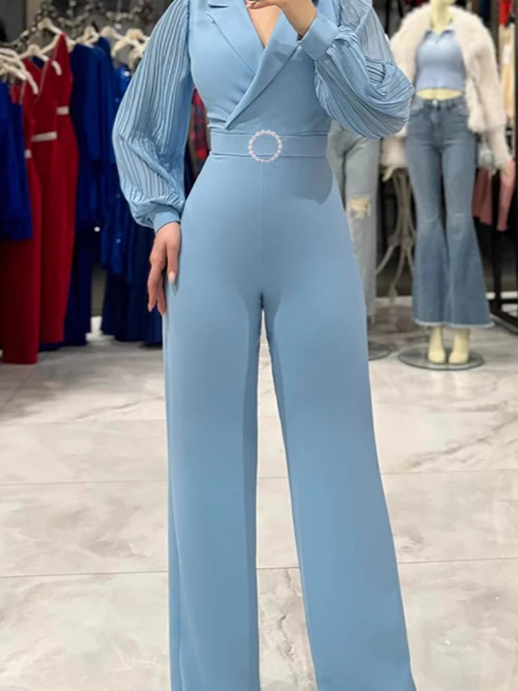 Long Sleeve V Neck Wide Leg Jumpsuit for Women