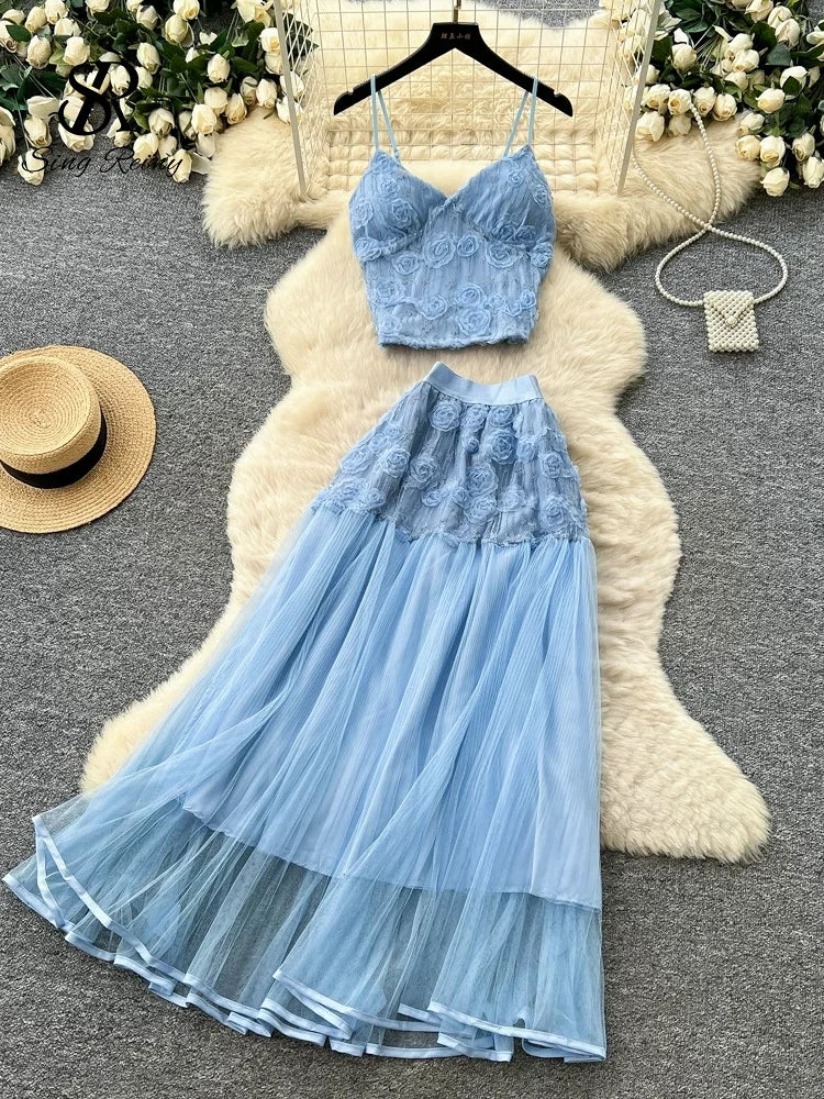 3D Floral Lace Camisole and Pleated Skirt Set for Women