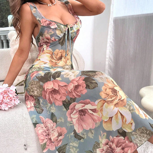 Elegant Women's Dress Floral Printed Nightdress V-neck Sling Ruffles Slim Fit Sexy Long Skirt Casual Nightgown Long Dresses