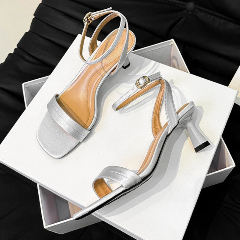 Silver Square Toe Ankle Strap Heeled Sandals for Women