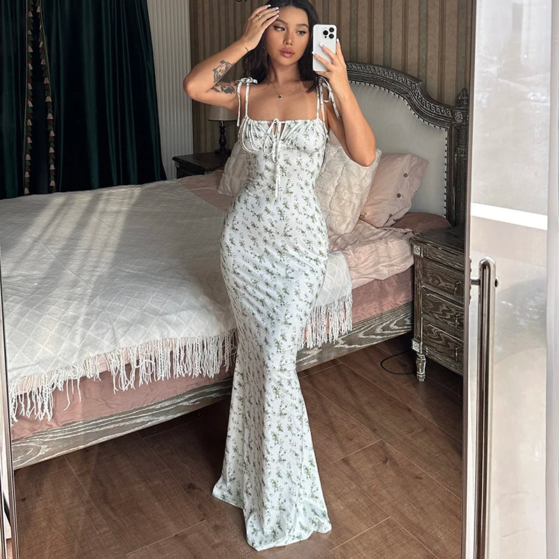 Sleeveless Floral Print Lace Up Backless Maxi Dress for Women