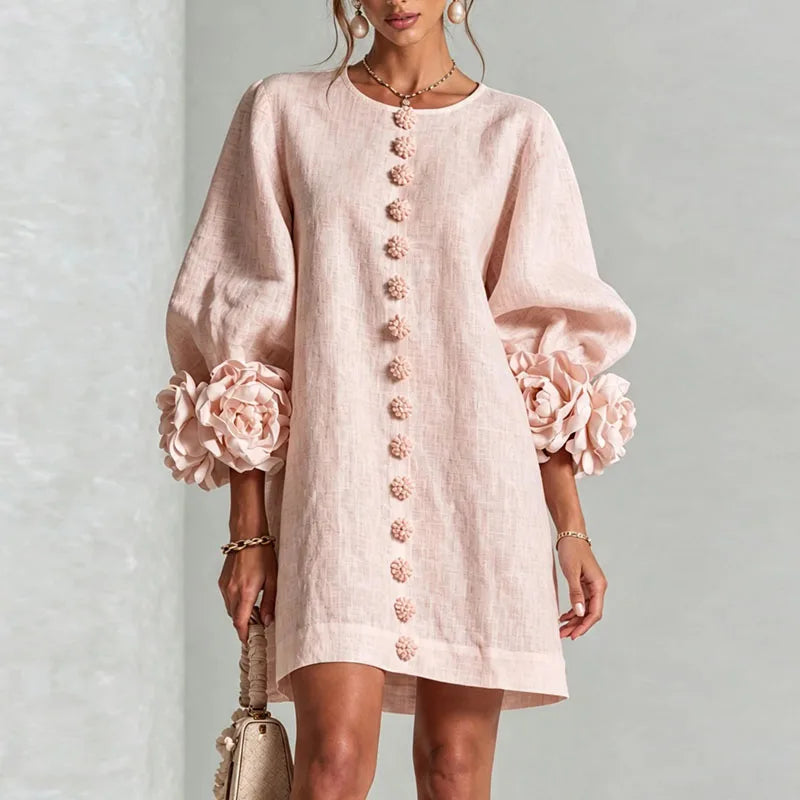 Elegant 3D Flower Bubble Sleeve Mini Dress for Women