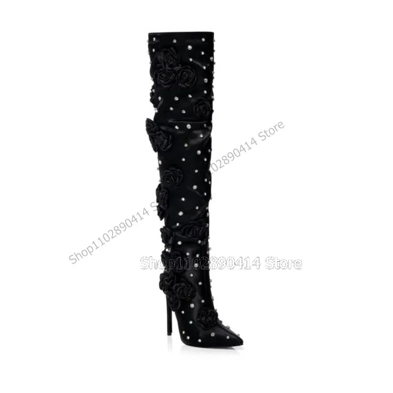 Black Silk Floral Applique Crystal Pointed Toe Thigh High Boots For Women