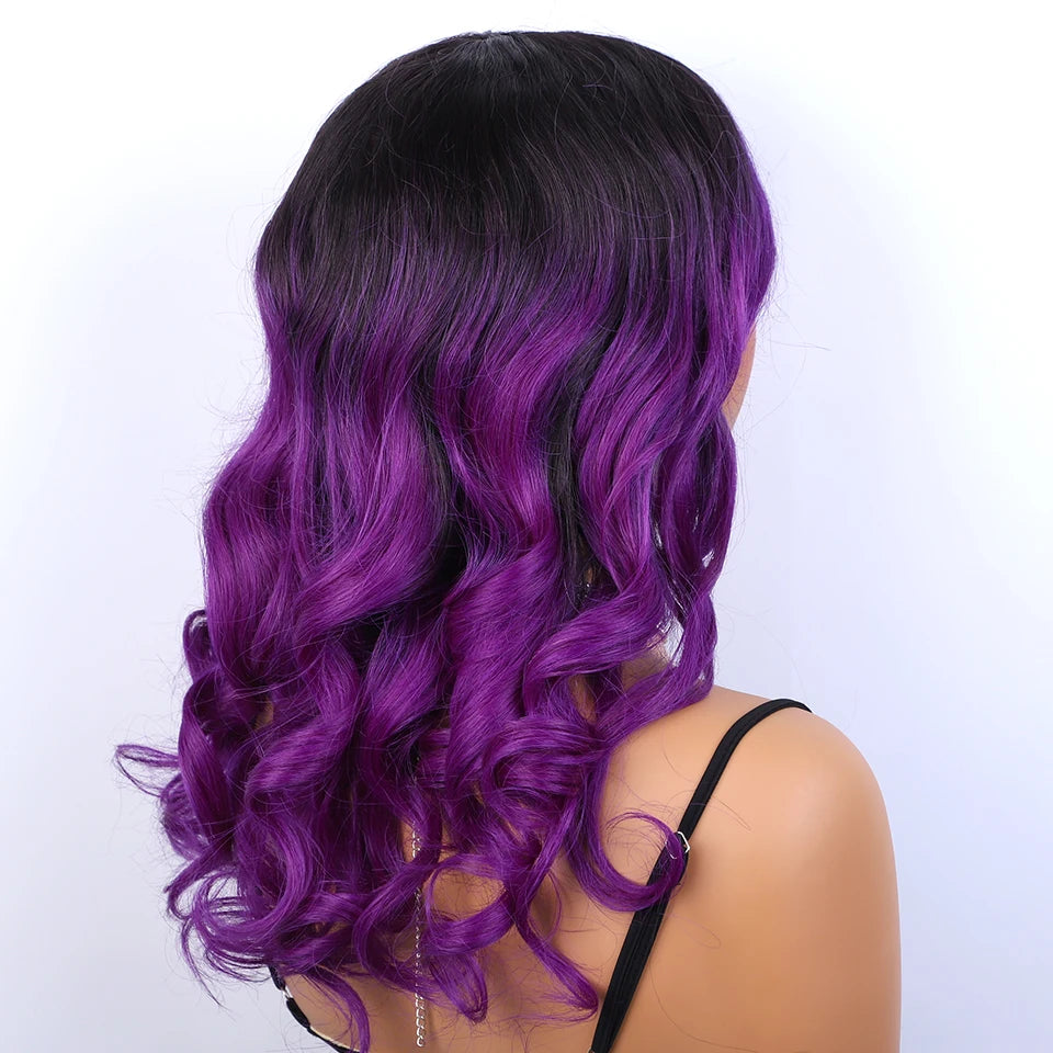 Long Purple Body Wave Human Hair Wig With Bangs for Women