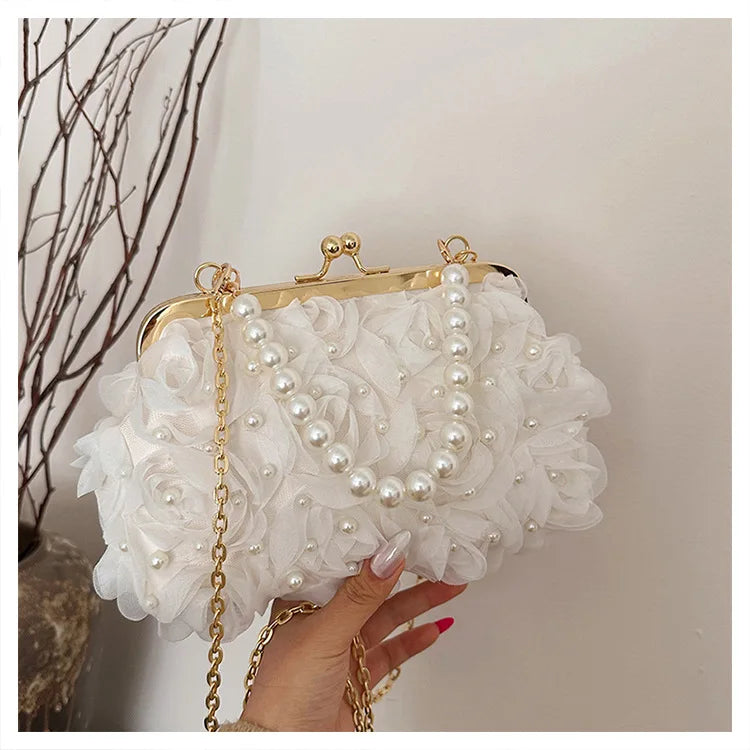 Pearl Floral Chain Evening Crossbody Bag