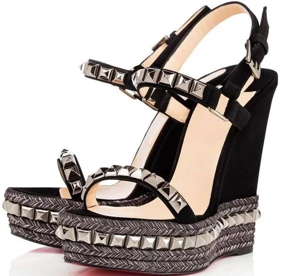 Metallic Trim Suede Wedge Sandals With Buckle Straps For Women