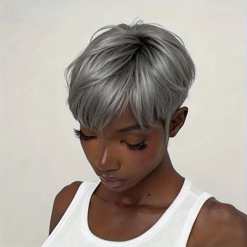 Short Straight Gray Human Hair Wig With Natural Look for Women