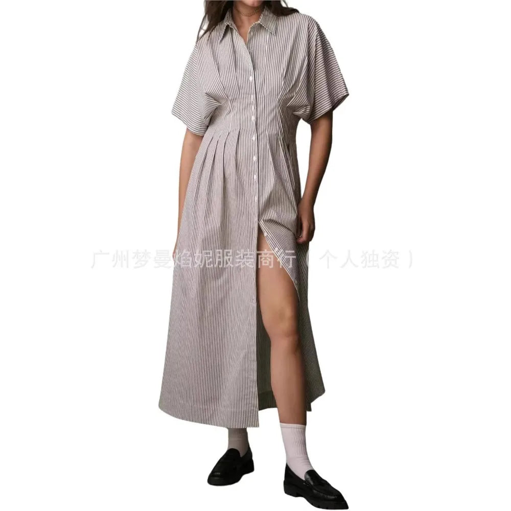 Elegant Striped Print Waist-Hugging A-Line Midi Dress for Women