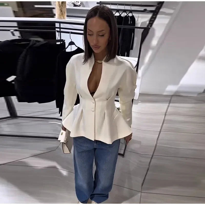 Elegant Stand Collar with Button Front Blazer for Women