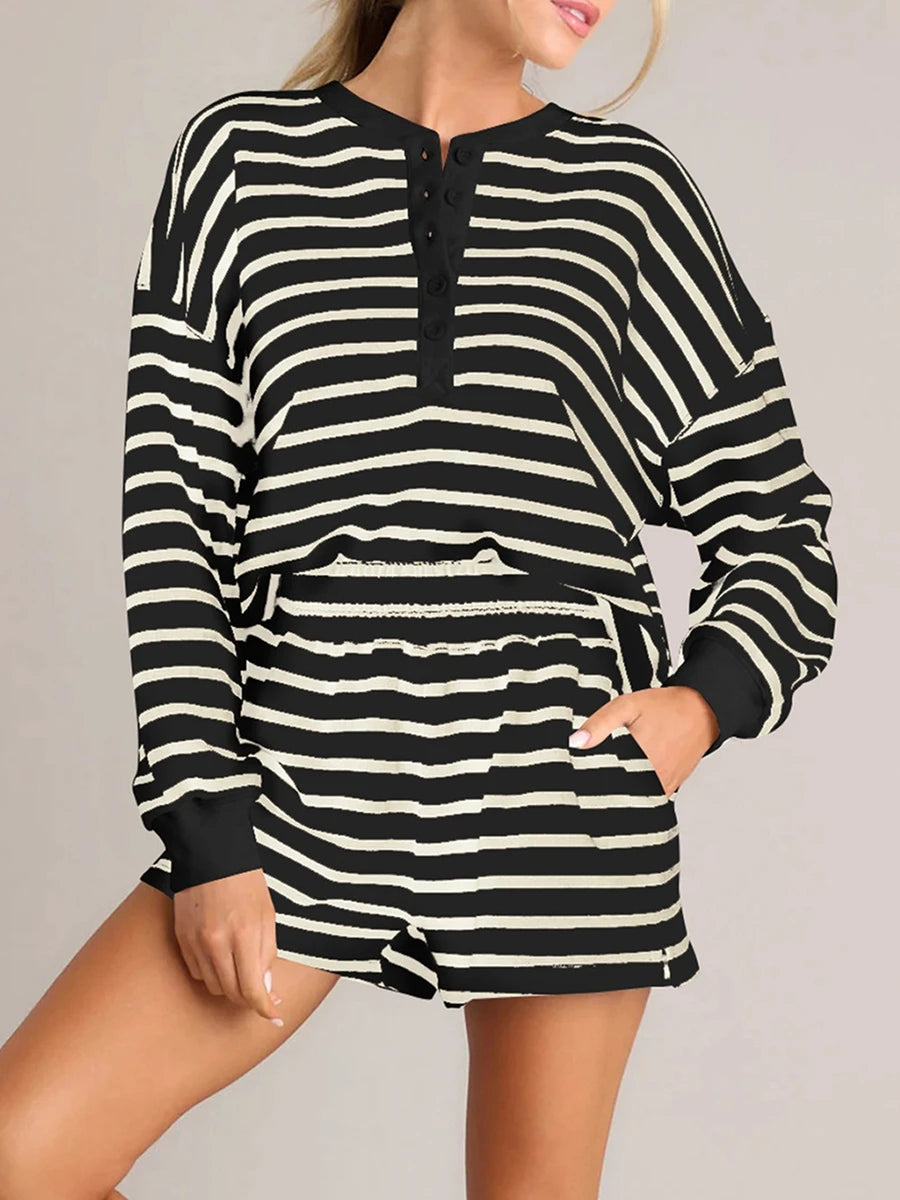 Women'S Striped Long Sleeved Shorts Set Long Sleeved T-Shirt With Elastic Waist Shorts Spring and Autumn Sports Set