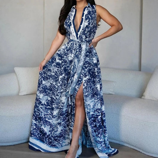 Retro Pattern Printed Button High Waist Dress Casual Women's Lapel Sleeveless Shirt Dress New Summer Fashion Split Beach Dresses