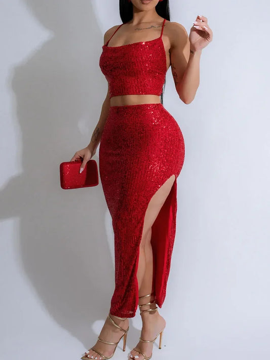Sequined Lace Up Camisole And Maxi Skirt Set for Women