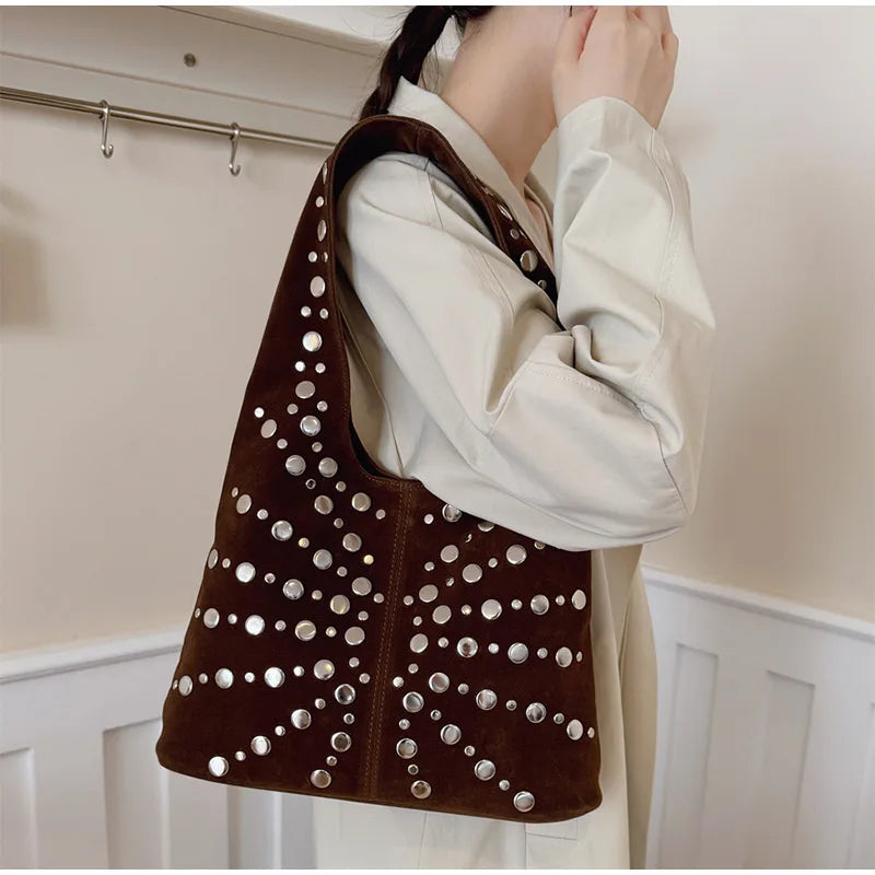 Polka Dot Rivet Tote Bag Women's Fashion Trend Texture Shoulder Bag High-end Luxury Suede Bucket Bag Commuter Female Handbag