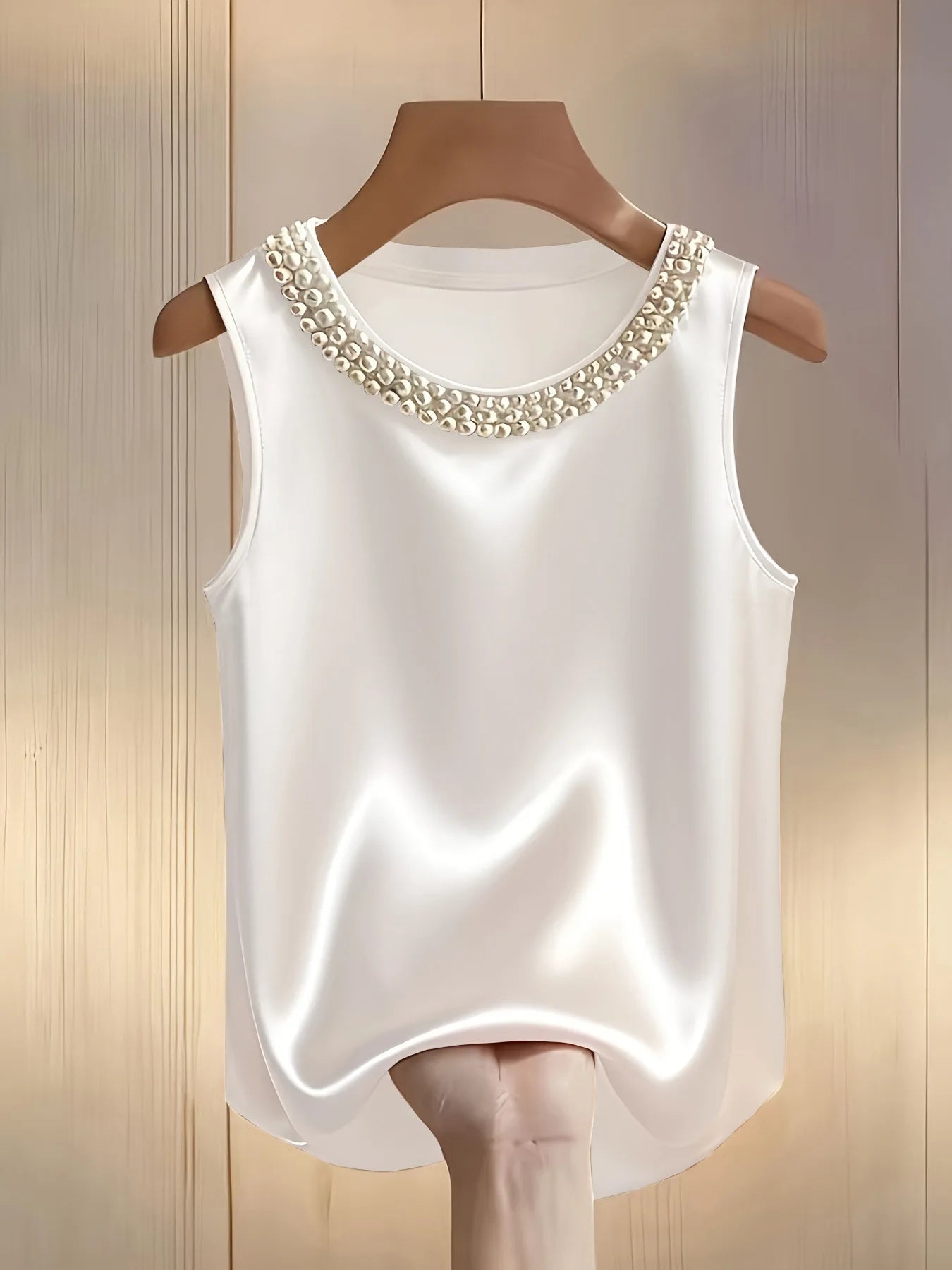 Loose Satin Beaded Pearl Decor Sleeveless Tank Top for Women