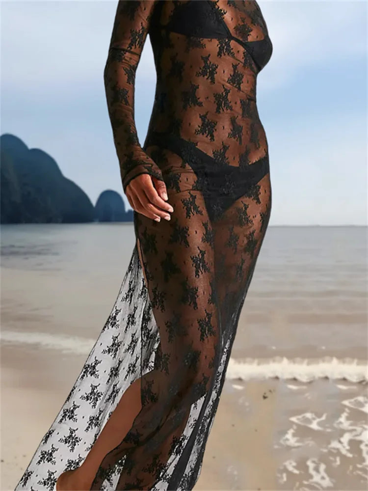 See-Through Lace Dress with Long Sleeves High Slit for Women